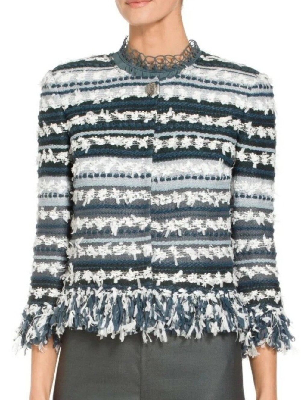 St. John Cardigan Jacket Fringe Lofty Flagged Stripes Knit Blue P Petite XS